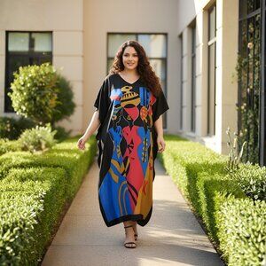 Women Summer Beach Cover Up Kaftan Dress Polyester Printed Maxi for Lounge Wear